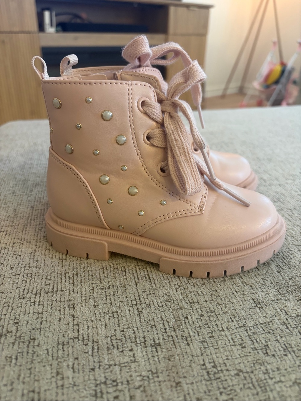 Cat & Jack Blush Pink Lace-Up Combat Boots with Pearl Studs